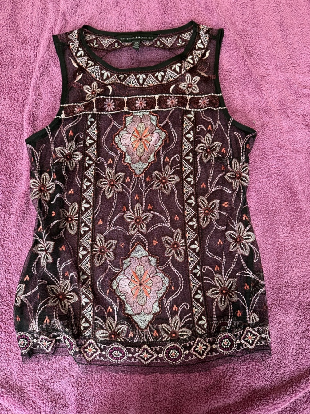 White House Black Market Beaded Floral Mesh Tank - Black & Plum